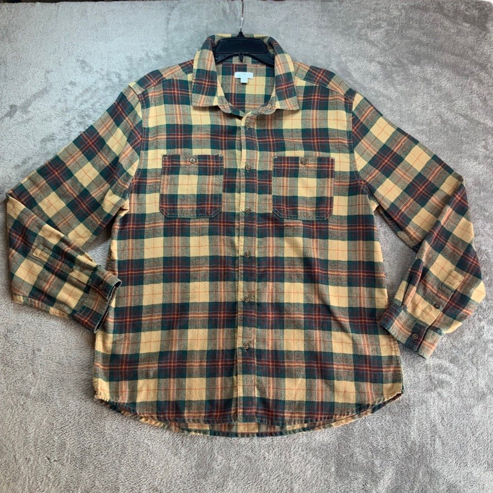 Dip Eco-Friendly Men Flannel Shirt Large Plaid Button Down Long Sleeve Green Tan
